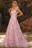 Robe de bal longue à paillettes fleurales rose scintillante avec nœuds