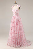 Robe de soirée longue rose scintillante coupe A avec paillettes florales et nœuds