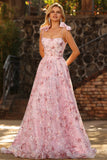 Robe de bal longue à paillettes fleurales rose scintillante avec nœuds
