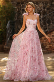 Robe de bal longue à paillettes fleurales rose scintillante avec nœuds
