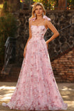 Robe de bal longue à paillettes fleurales rose scintillante avec nœuds