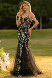 Robe De Soirée longue sirène corset floral noir scintillant avec paillettes