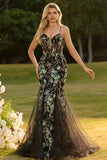Robe De Soirée longue sirène corset floral noir scintillant avec paillettes