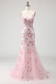 Robe De Soirée longue sirène corset floral rose scintillant avec paillettes