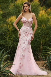 Robe de soirée sirène longue rose bustier fleuri lacé dans le dos avec paillettes