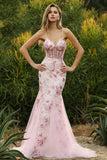 Robe de soirée sirène longue rose bustier fleuri lacé dans le dos avec paillettes