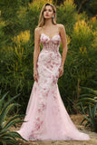 Robe de soirée sirène longue rose bustier fleuri lacé dans le dos avec paillettes