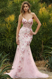 Robe de soirée sirène longue rose bustier fleuri lacé dans le dos avec paillettes