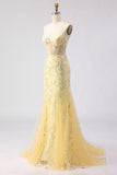 Robe de soirée longue jaune coupe sirène avec dentelle au dos et sequins