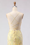 Robe de soirée longue jaune coupe sirène avec dentelle au dos et sequins