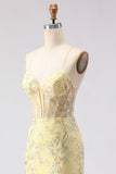 Robe de soirée longue jaune coupe sirène avec dentelle au dos et sequins