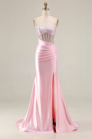 Robe de bal longue de promo à bretelles de sirène rose perlée à perles roses corset et fente