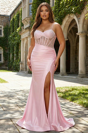 Corset de bal long grand size à bretelles de sirène rose aux bretelles fines perlées