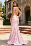 Corset de bal long grand size à bretelles de sirène rose aux bretelles fines perlées