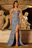 Robe de bal longue de bal avec perles découpées en forme de sirène en bleu poussiéreux