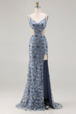 Robe de bal longue de bal avec perles découpées en forme de sirène en bleu poussiéreux
