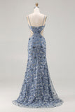 Robe de bal longue de bal avec perles découpées en forme de sirène en bleu poussiéreux