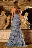 Robe de bal longue de bal avec perles découpées en forme de sirène en bleu poussiéreux