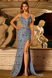 Robe de soirée sirène longue bleu poussiéreux à sequins et découpe perlée