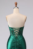 Corset sans bretelles en sirène vert foncé, paillettes froncées, laçet dans le dos, robe de bal avec fente
