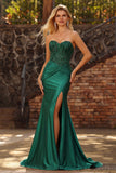 Corset sans bretelles en sirène vert foncé, paillettes froncées, laçet dans le dos, robe de bal avec fente