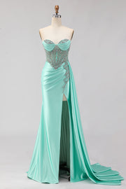 Sweetheart Mermaid Siren robe longue de bal perlée vert menthe avec fente