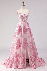Corset Jacquard rose Strapless A Line Longue robe de bal avec fente
