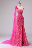 Corset sirène fuchsia, robe de bal longue à une épaule découpée avec une épaule