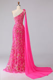 Corset sirène fuchsia, robe de bal longue à une épaule découpée avec une épaule