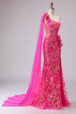 Corset sirène fuchsia, robe de bal longue à une épaule découpée avec une épaule