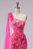 Corset sirène fuchsia, robe de bal longue à une épaule découpée avec une épaule