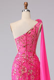 Corset sirène fuchsia, robe de bal longue à une épaule découpée avec une épaule