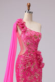 Corset sirène fuchsia, robe de bal longue à une épaule découpée avec une épaule