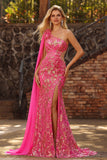 Corset sirène fuchsia, robe de bal longue à une épaule découpée avec une épaule