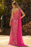 Corset sirène fuchsia, robe de bal longue à une épaule découpée avec une épaule