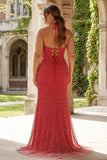 Robe longue de bal de bal en sirène aux perles rouges avec fente