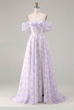 Robe longue de bal florale à motif corset dénudé, lilas à épaules, fendue