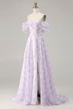 Robe longue de bal florale à motif corset dénudé, lilas à épaules, fendue