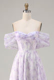 Robe longue de bal florale à motif corset dénudé, lilas à épaules, fendue