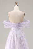 Robe longue de bal florale à motif corset dénudé, lilas à épaules, fendue