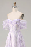 Robe longue de bal florale à motif corset dénudé, lilas à épaules, fendue