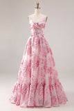 Robe de bal longue en brocart Jacquard découpée rose avec une fleur 3D