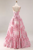 Robe de bal longue en brocart Jacquard découpée rose avec une fleur 3D