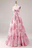 Robe de bal longue en brocart Jacquard découpée rose avec une fleur 3D