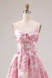 Robe de bal longue en brocart Jacquard découpée rose avec une fleur 3D
