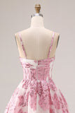 Robe de bal longue en brocart Jacquard découpée rose avec une fleur 3D