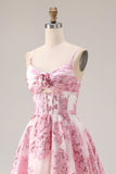 Robe de bal longue en brocart Jacquard découpée rose avec une fleur 3D