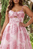 Pink Brocade Jacquard découpe une robe de bal longue grande taille en ligne A avec une fleur 3D