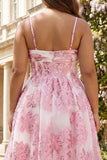 Pink Brocade Jacquard découpe une robe de bal longue grande taille en ligne A avec une fleur 3D