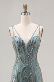 Robe longue de bal de promo scintillante gris vert perlée à paillettes